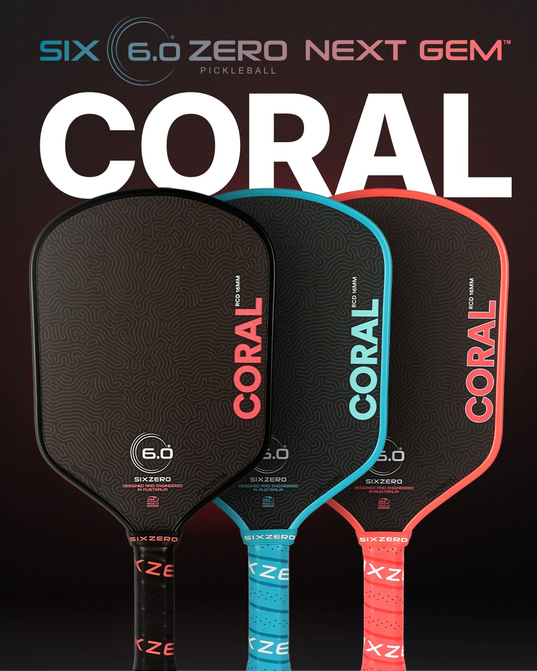 Six Zero Coral pickleball paddles in three colourways